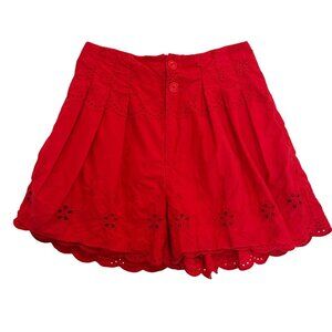 Free People How Sweet Shorts Red High Rise Pleated Eyelet Boho Festival MEDIUM